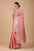 Snuggle Spot Women's Linen Cotton Printed Saree With Unstitched Blouse 5.5Mtr (Pink)