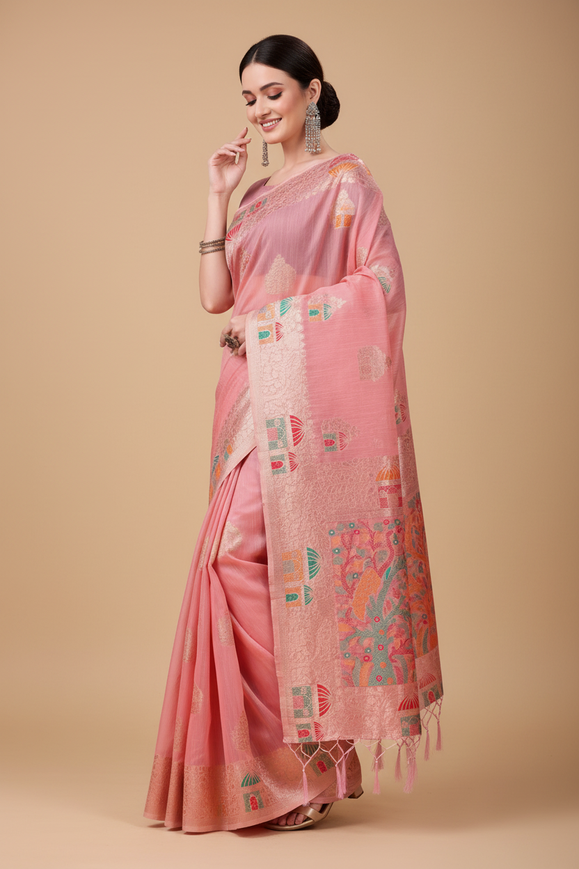Snuggle Spot Women's Linen Cotton Printed Saree With Unstitched Blouse 5.5Mtr (Pink)