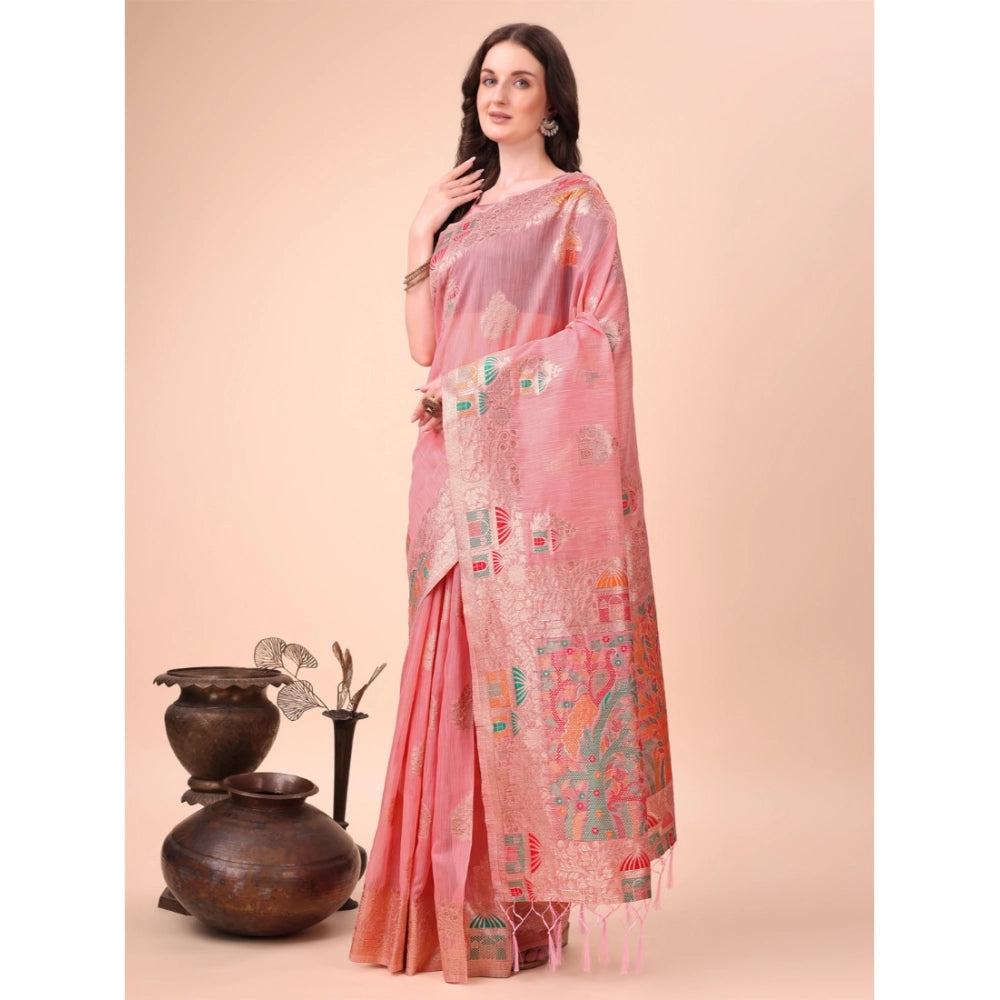 Snuggle Spot Women's Linen Cotton Printed Saree With Unstitched Blouse 5.5Mtr (Pink)