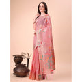 Snuggle Spot Women's Linen Cotton Printed Saree With Unstitched Blouse 5.5Mtr (Pink)
