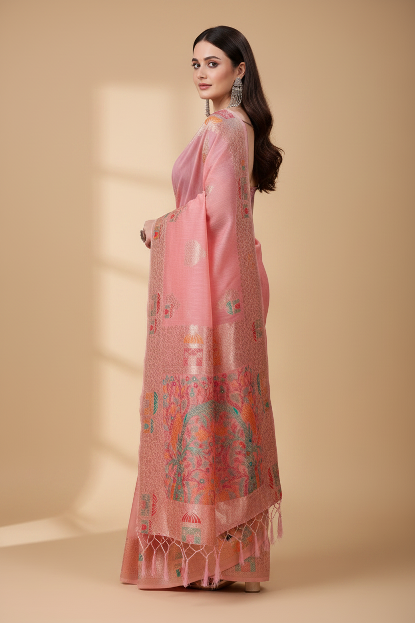 Snuggle Spot Women's Linen Cotton Printed Saree With Unstitched Blouse 5.5Mtr (Pink)