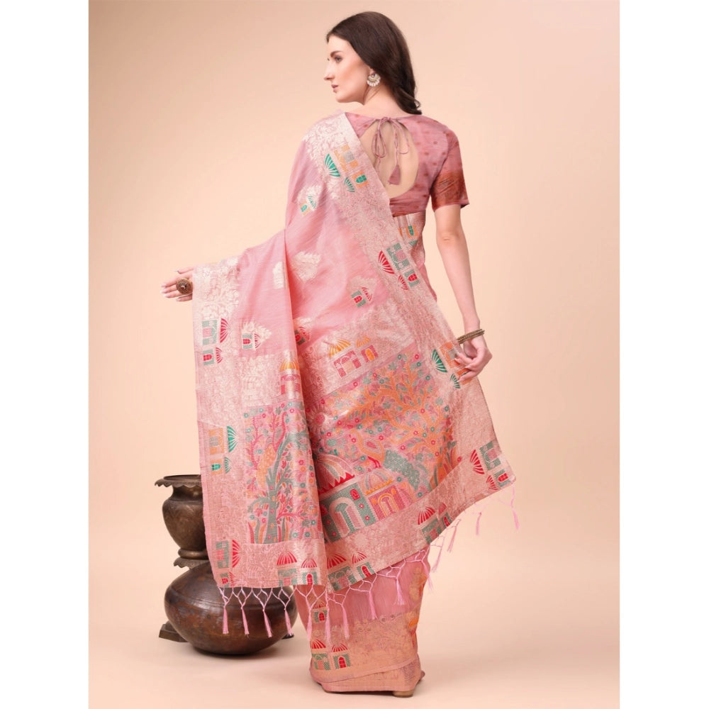 Snuggle Spot Women's Linen Cotton Printed Saree With Unstitched Blouse 5.5Mtr (Pink)