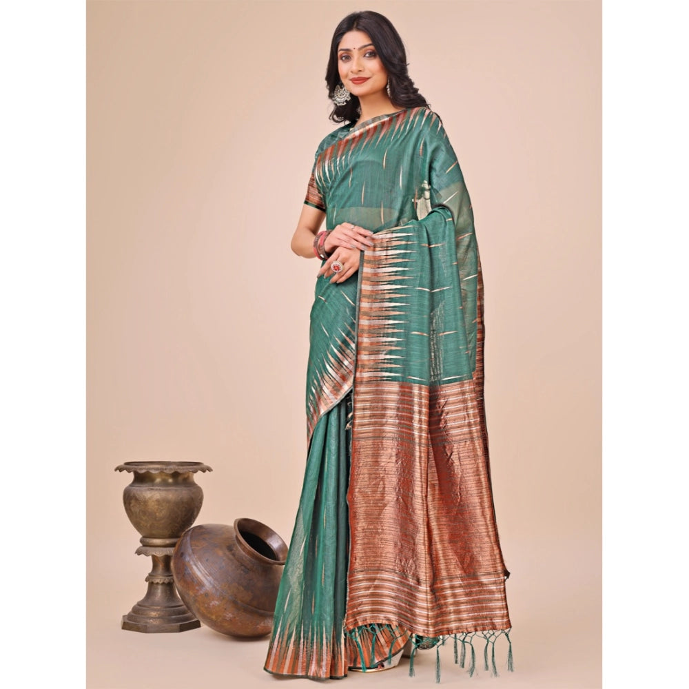 Snuggle Spot Women's Linen Cotton Printed Saree With Unstitched Blouse 5.5Mtr (Green)