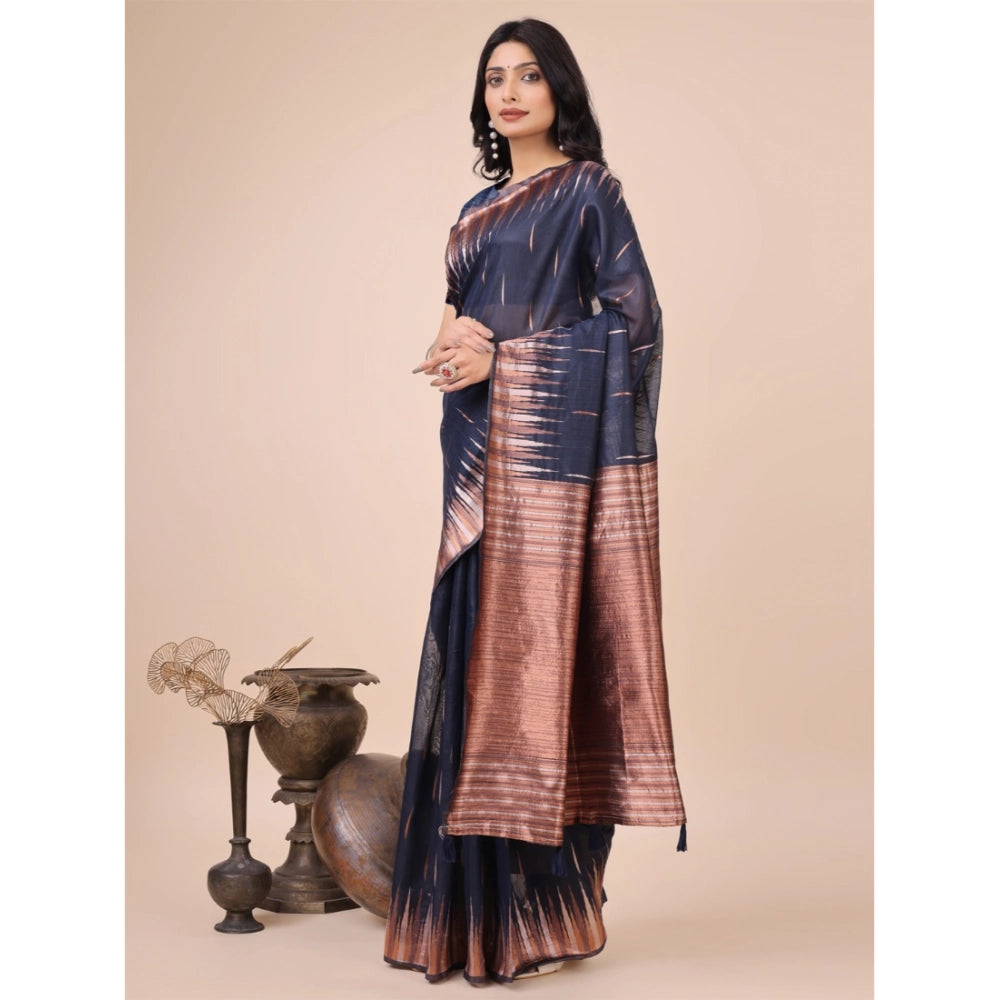 Snuggle Spot Women's Linen Cotton Printed Saree With Unstitched Blouse 5.5Mtr (Navy Blue)