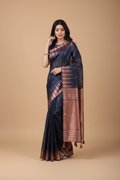 Snuggle Spot Women's Linen Cotton Printed Saree With Unstitched Blouse 5.5Mtr (Navy Blue)