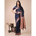 Snuggle Spot Women's Linen Cotton Printed Saree With Unstitched Blouse 5.5Mtr (Navy Blue)