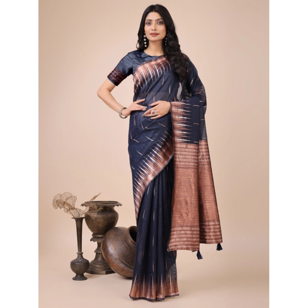 Snuggle Spot Women's Linen Cotton Printed Saree With Unstitched Blouse 5.5Mtr (Navy Blue)