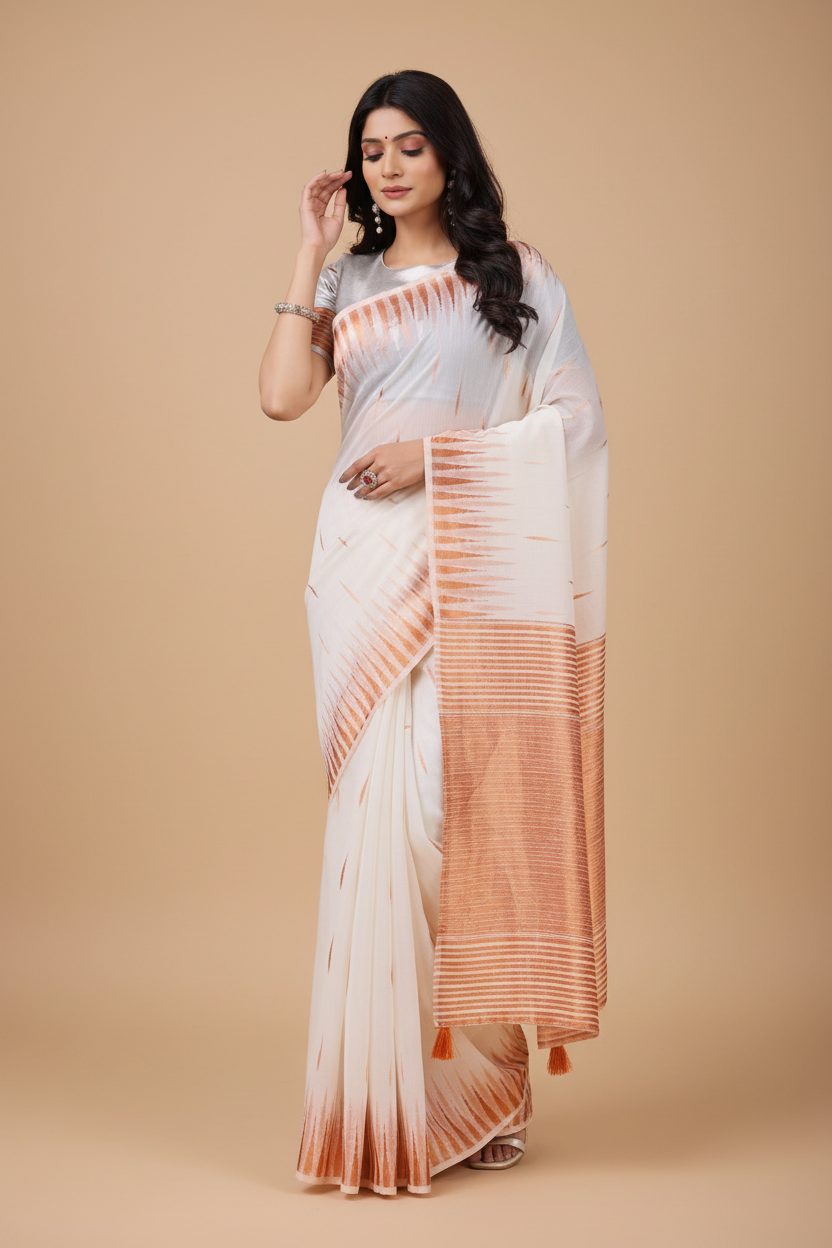 Snuggle Spot Women's Linen Cotton Printed Saree With Unstitched Blouse 5.5Mtr (White)