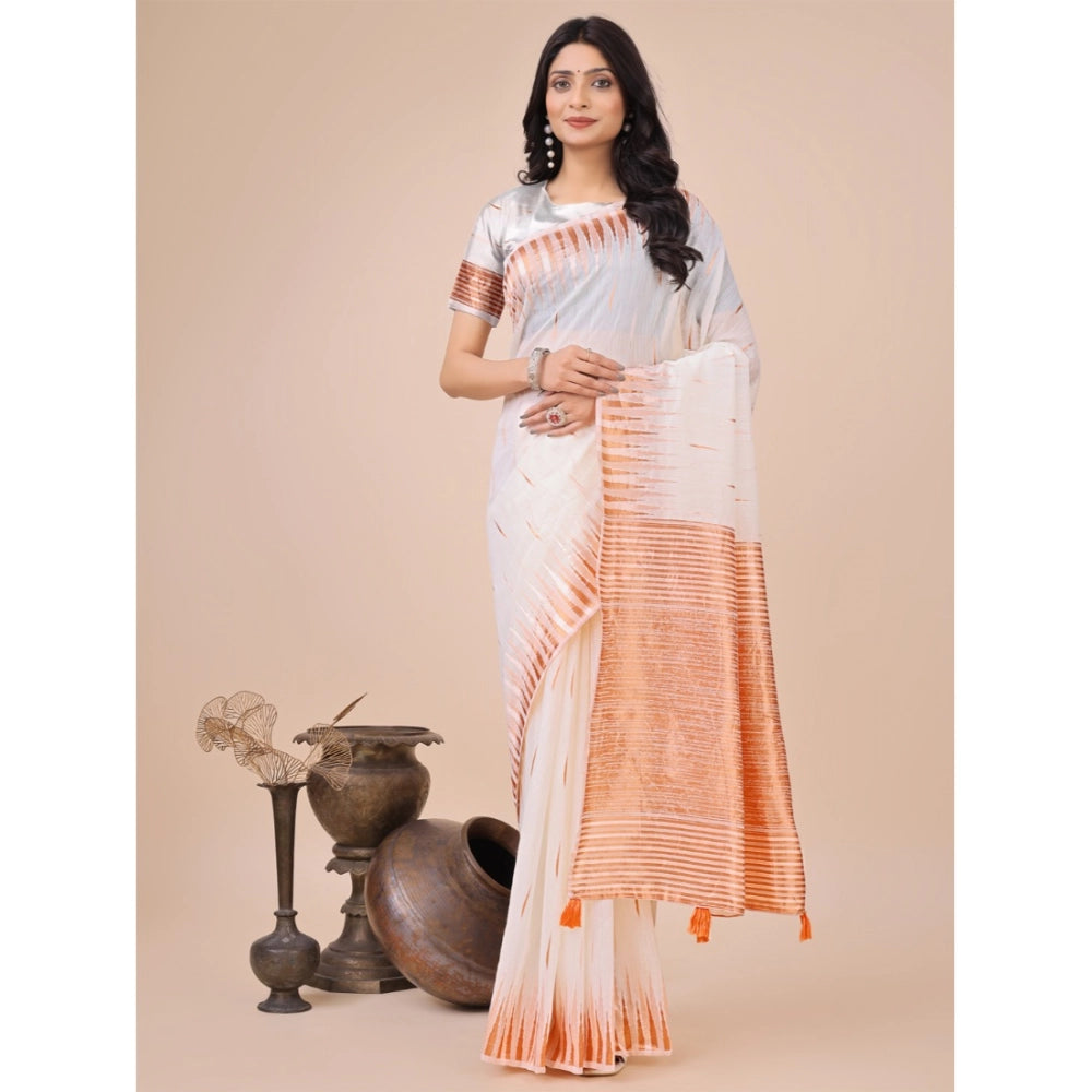 Snuggle Spot Women's Linen Cotton Printed Saree With Unstitched Blouse 5.5Mtr (White)