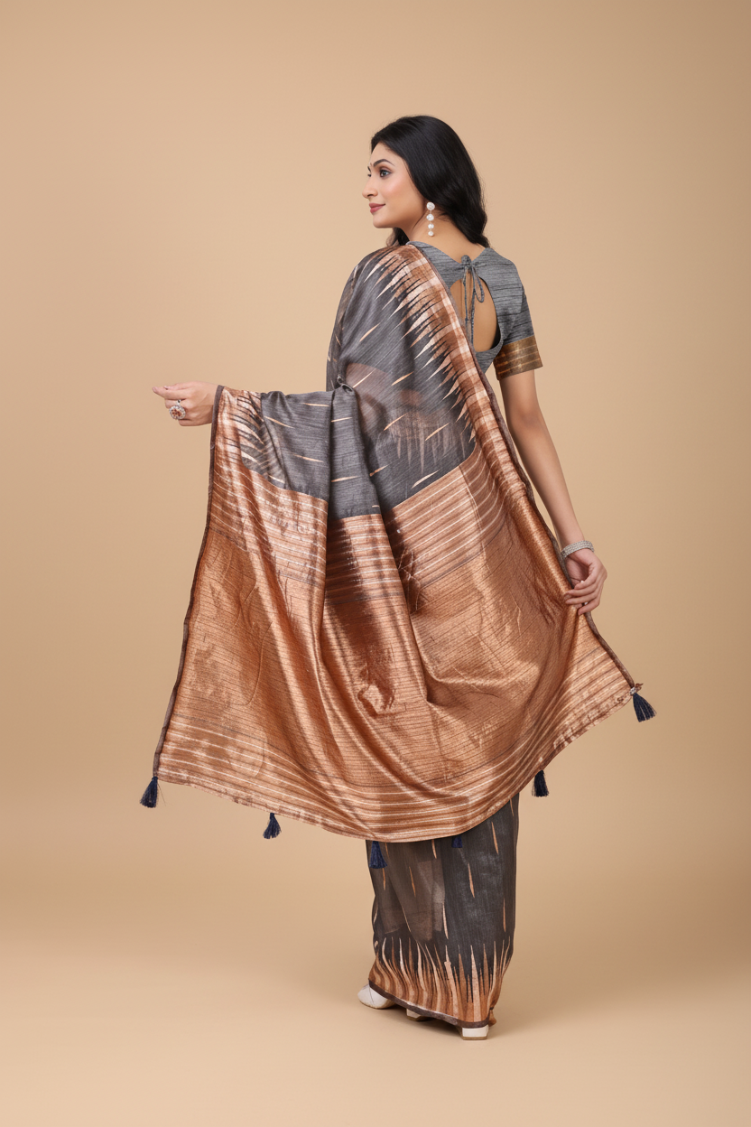 Snuggle Spot Women's Linen Cotton Printed Saree With Unstitched Blouse 5.5Mtr (Grey)