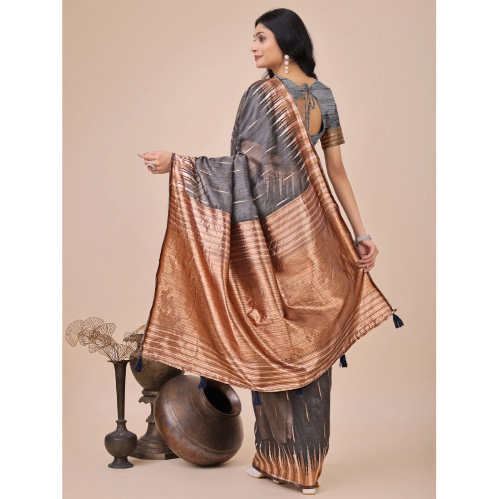Snuggle Spot Women's Linen Cotton Printed Saree With Unstitched Blouse 5.5Mtr (Grey)