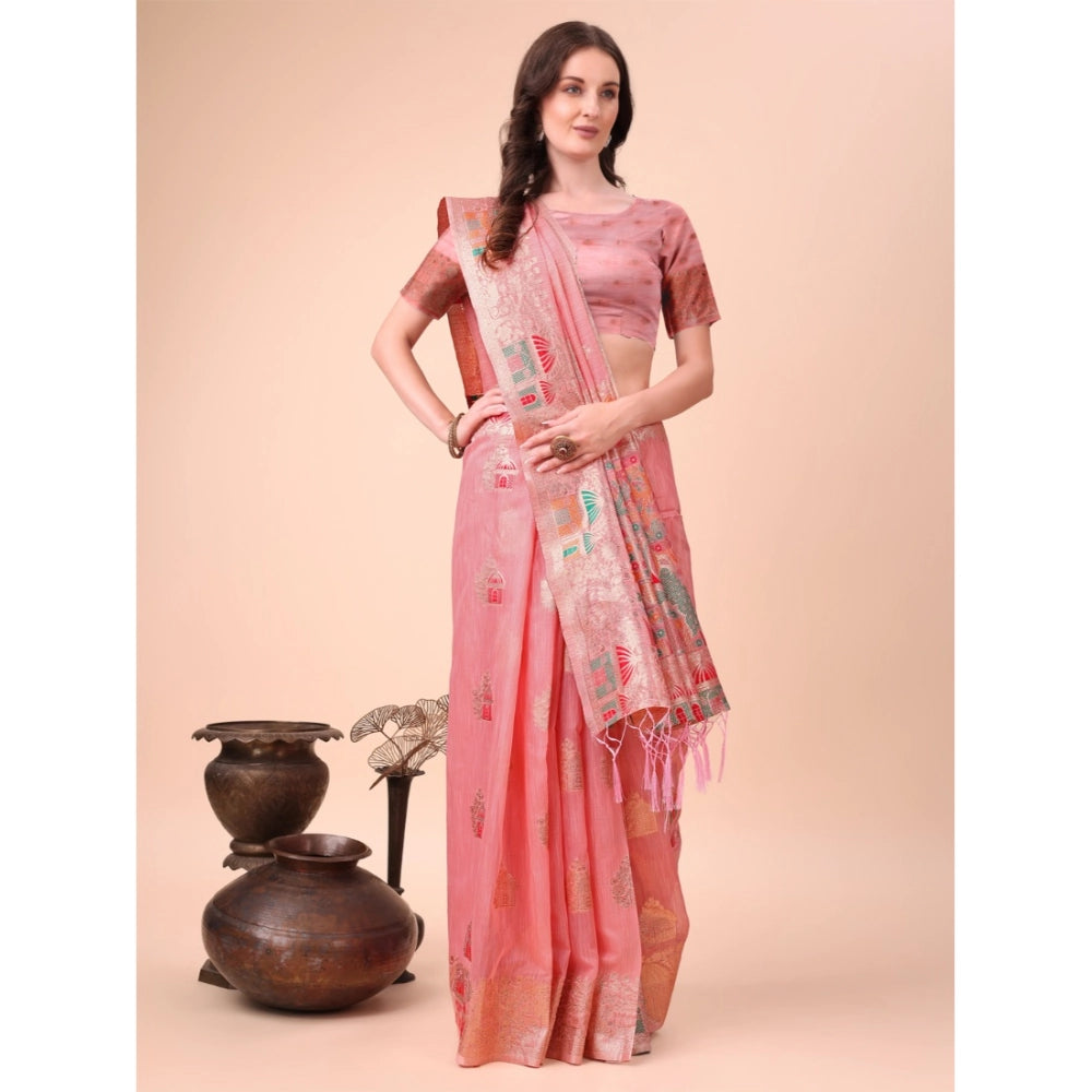 Snuggle Spot Women's Linen Cotton Printed Saree With Unstitched Blouse 5.5Mtr (Pink)