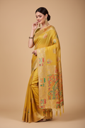 Snuggle Spot Women's Linen Cotton Printed Saree With Unstitched Blouse 5.5Mtr (Yellow)