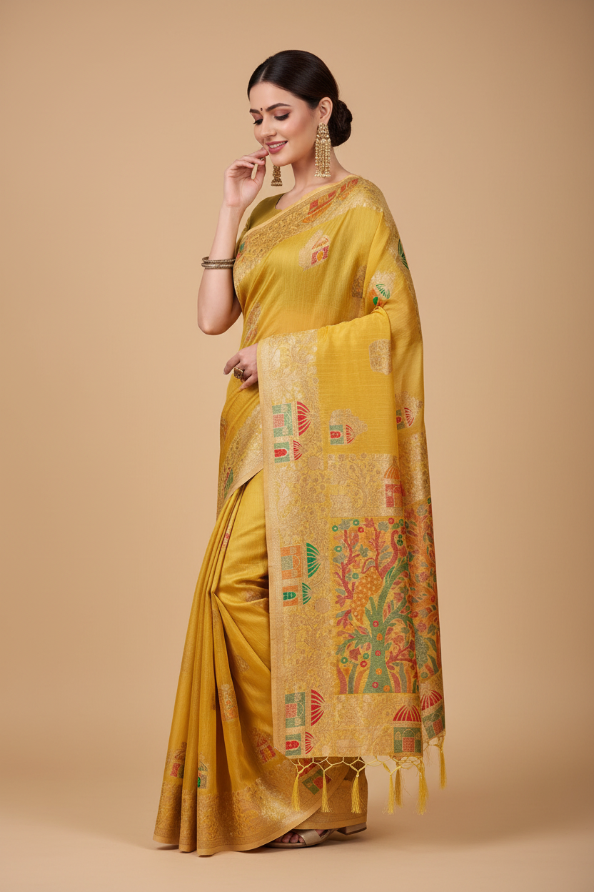 Snuggle Spot Women's Linen Cotton Printed Saree With Unstitched Blouse 5.5Mtr (Yellow)