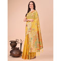 Snuggle Spot Women's Linen Cotton Printed Saree With Unstitched Blouse 5.5Mtr (Yellow)