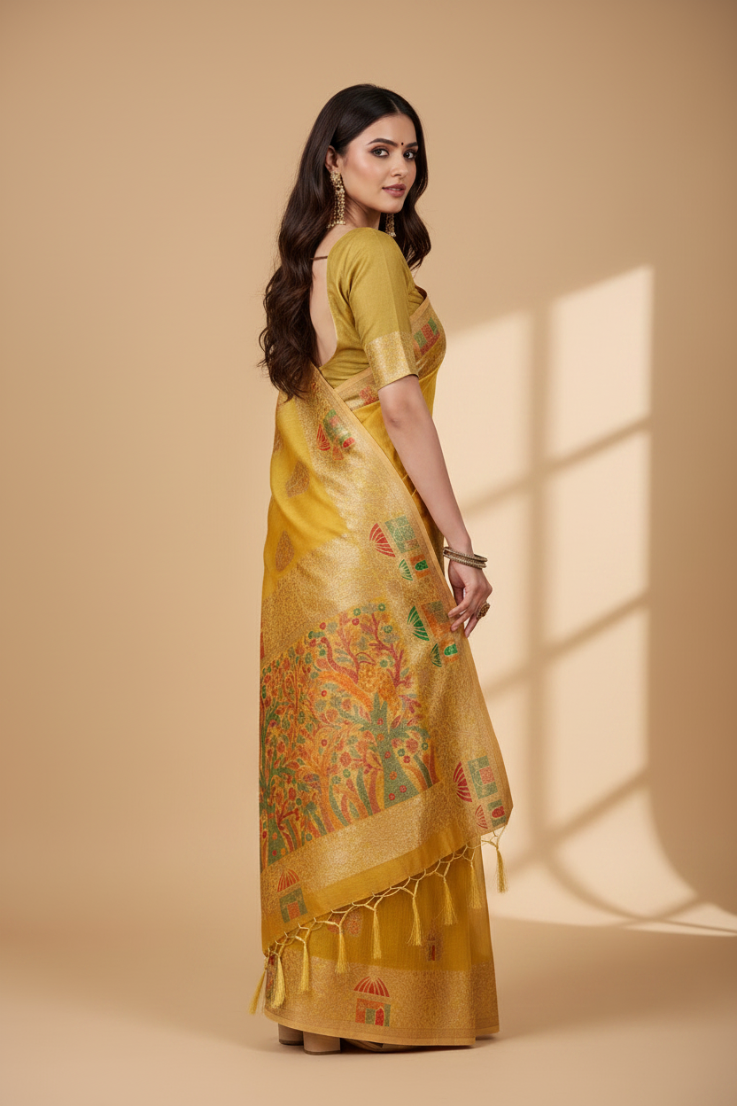 Snuggle Spot Women's Linen Cotton Printed Saree With Unstitched Blouse 5.5Mtr (Yellow)