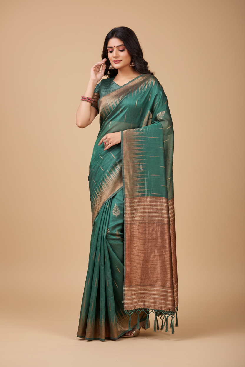 Snuggle Spot Women's Linen Cotton Printed Saree With Unstitched Blouse 5.5Mtr (Green)
