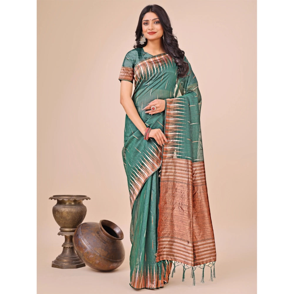 Snuggle Spot Women's Linen Cotton Printed Saree With Unstitched Blouse 5.5Mtr (Green)