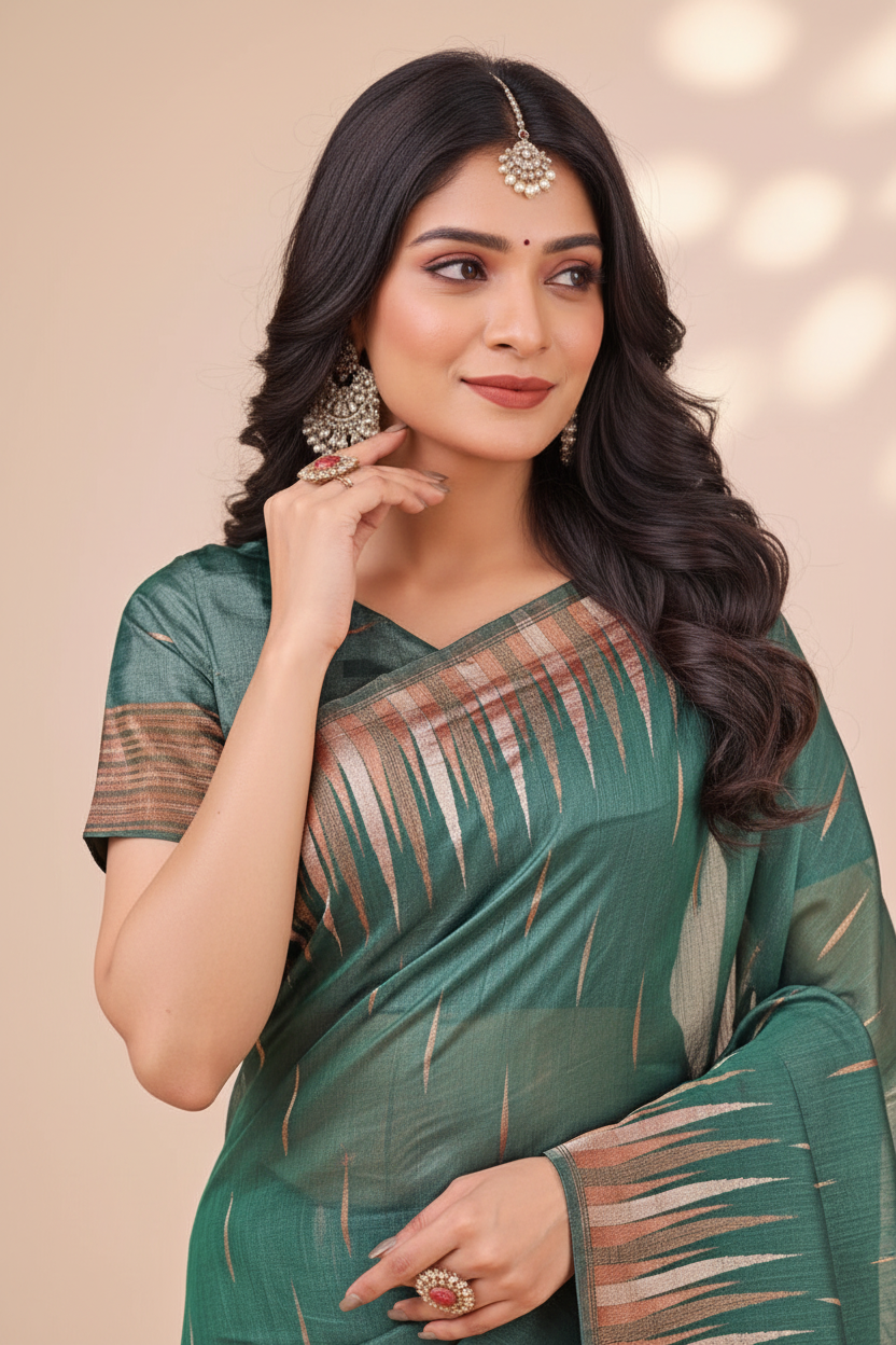 Snuggle Spot Women's Linen Cotton Printed Saree With Unstitched Blouse 5.5Mtr (Green)