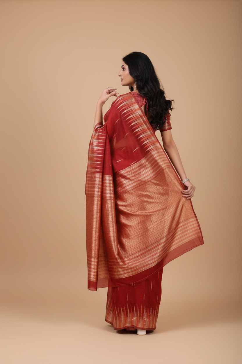 Snuggle Spot Women's Linen Cotton Printed Saree With Unstitched Blouse 5.5Mtr (Red)
