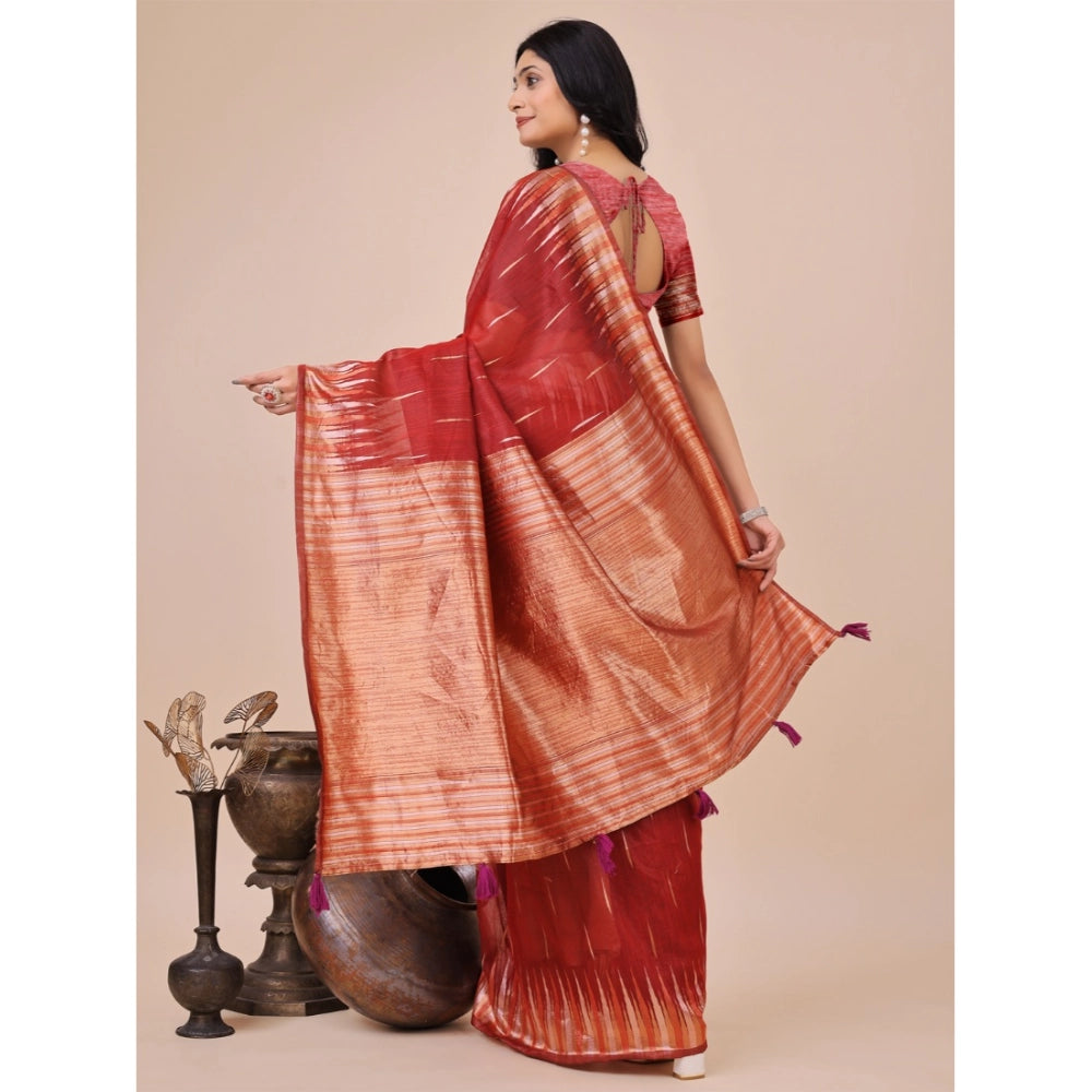 Snuggle Spot Women's Linen Cotton Printed Saree With Unstitched Blouse 5.5Mtr (Red)