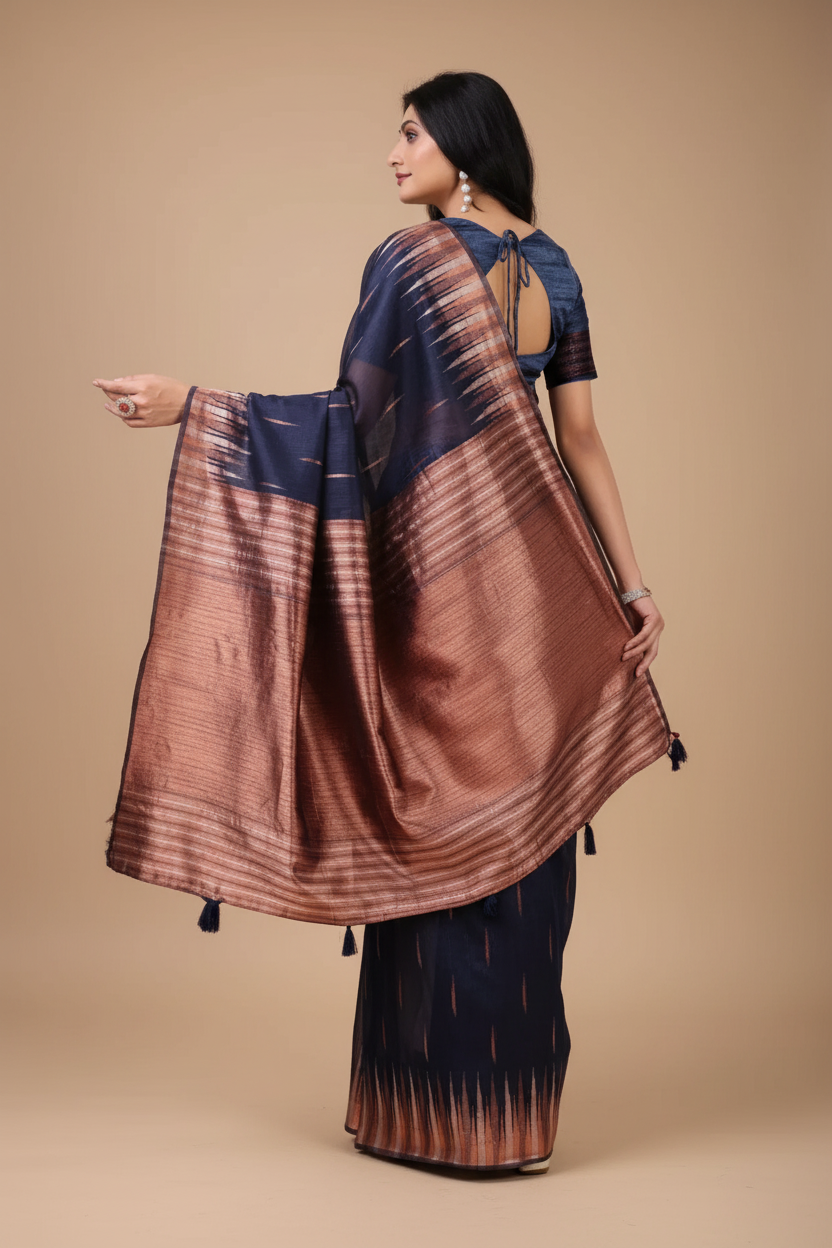 Snuggle Spot Women's Linen Cotton Printed Saree With Unstitched Blouse 5.5Mtr (Navy Blue)