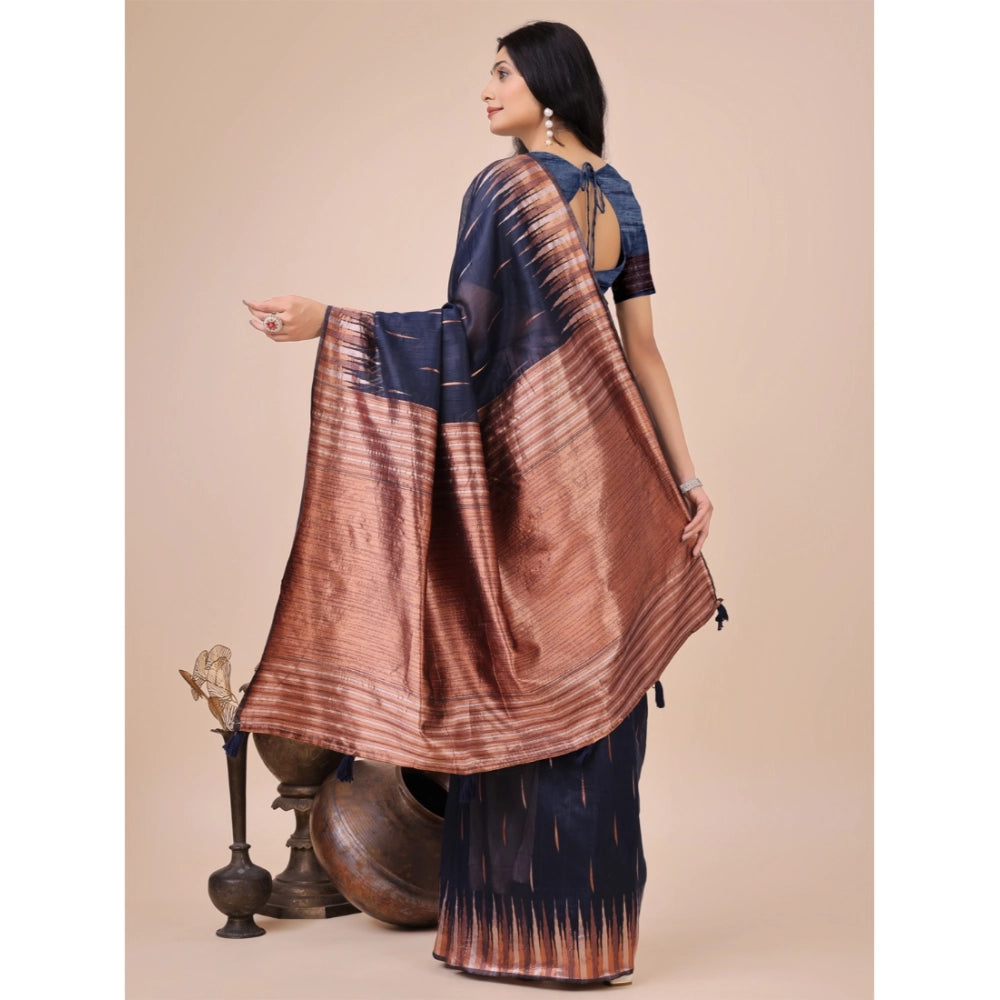 Snuggle Spot Women's Linen Cotton Printed Saree With Unstitched Blouse 5.5Mtr (Navy Blue)