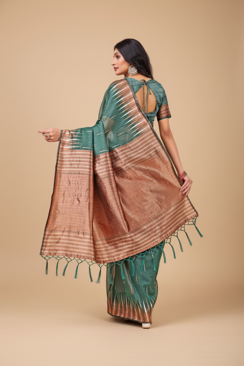 Snuggle Spot Women's Linen Cotton Printed Saree With Unstitched Blouse 5.5Mtr (Green)