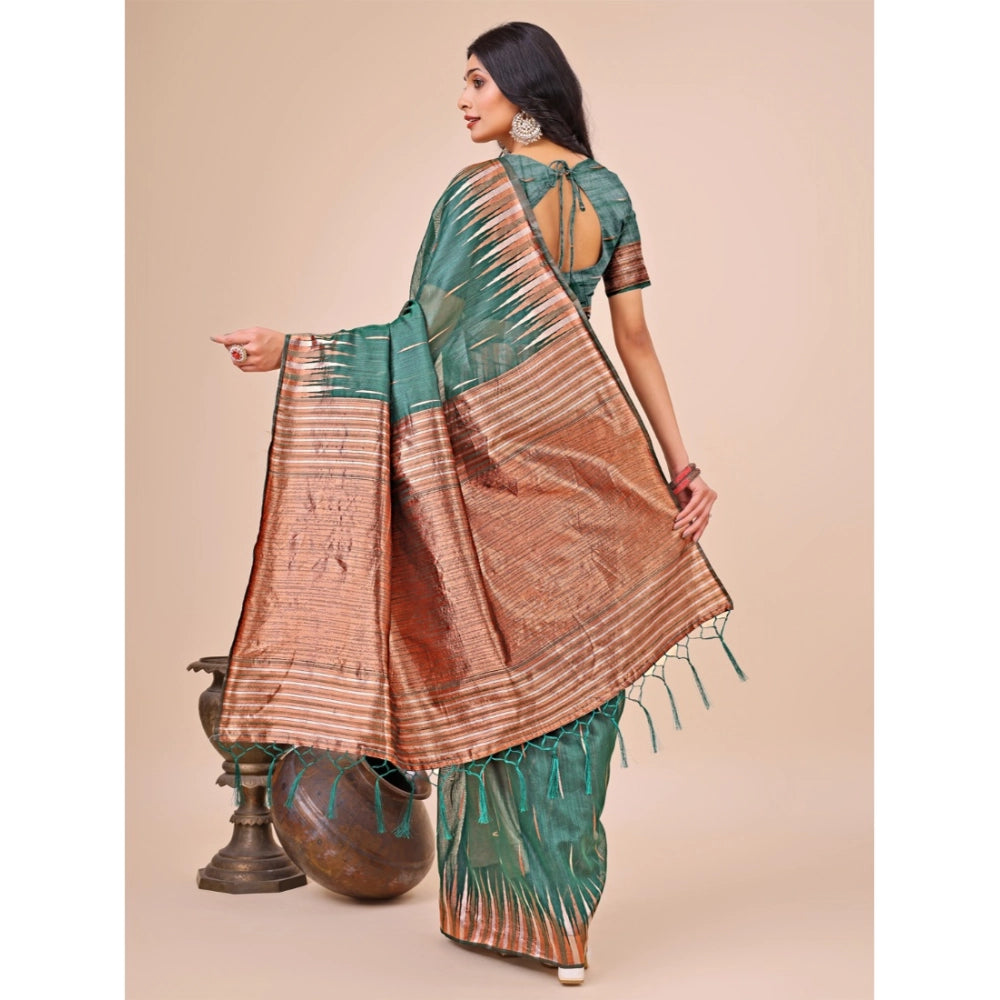 Snuggle Spot Women's Linen Cotton Printed Saree With Unstitched Blouse 5.5Mtr (Green)