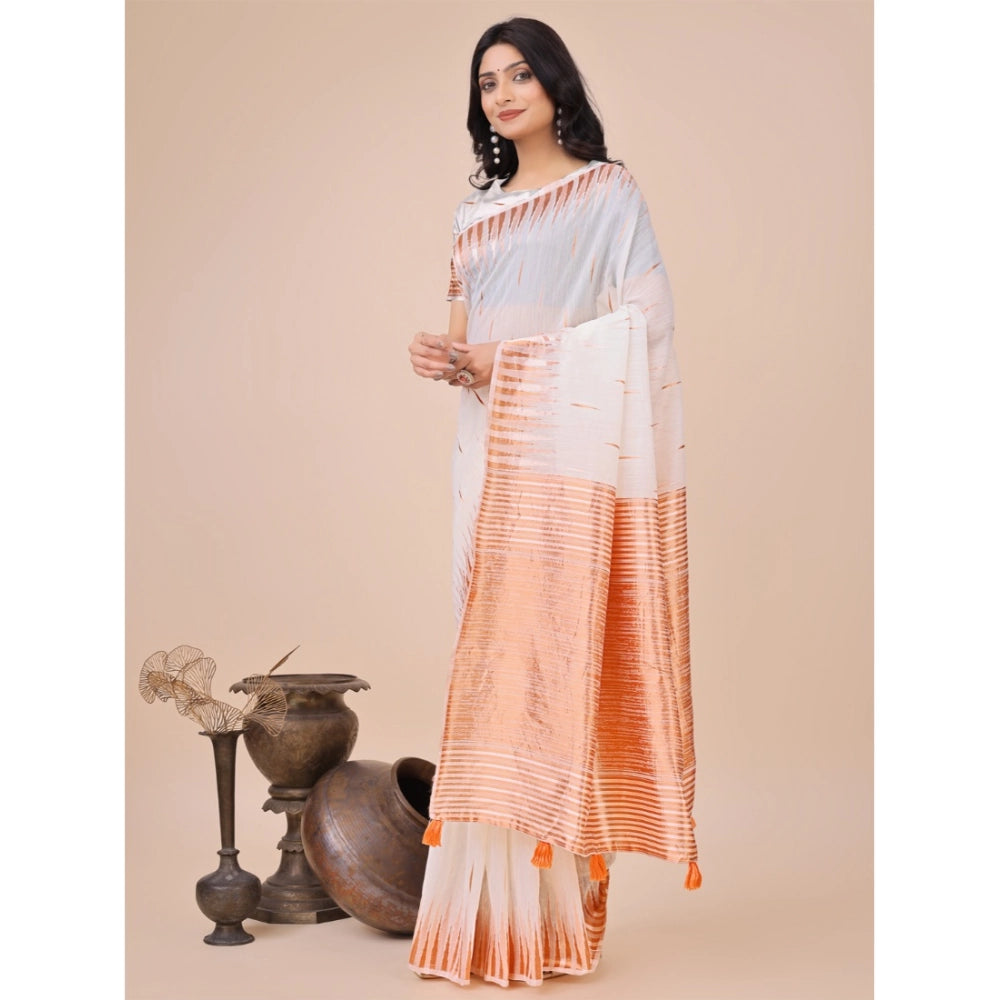 Snuggle Spot Women's Linen Cotton Printed Saree With Unstitched Blouse 5.5Mtr (White)