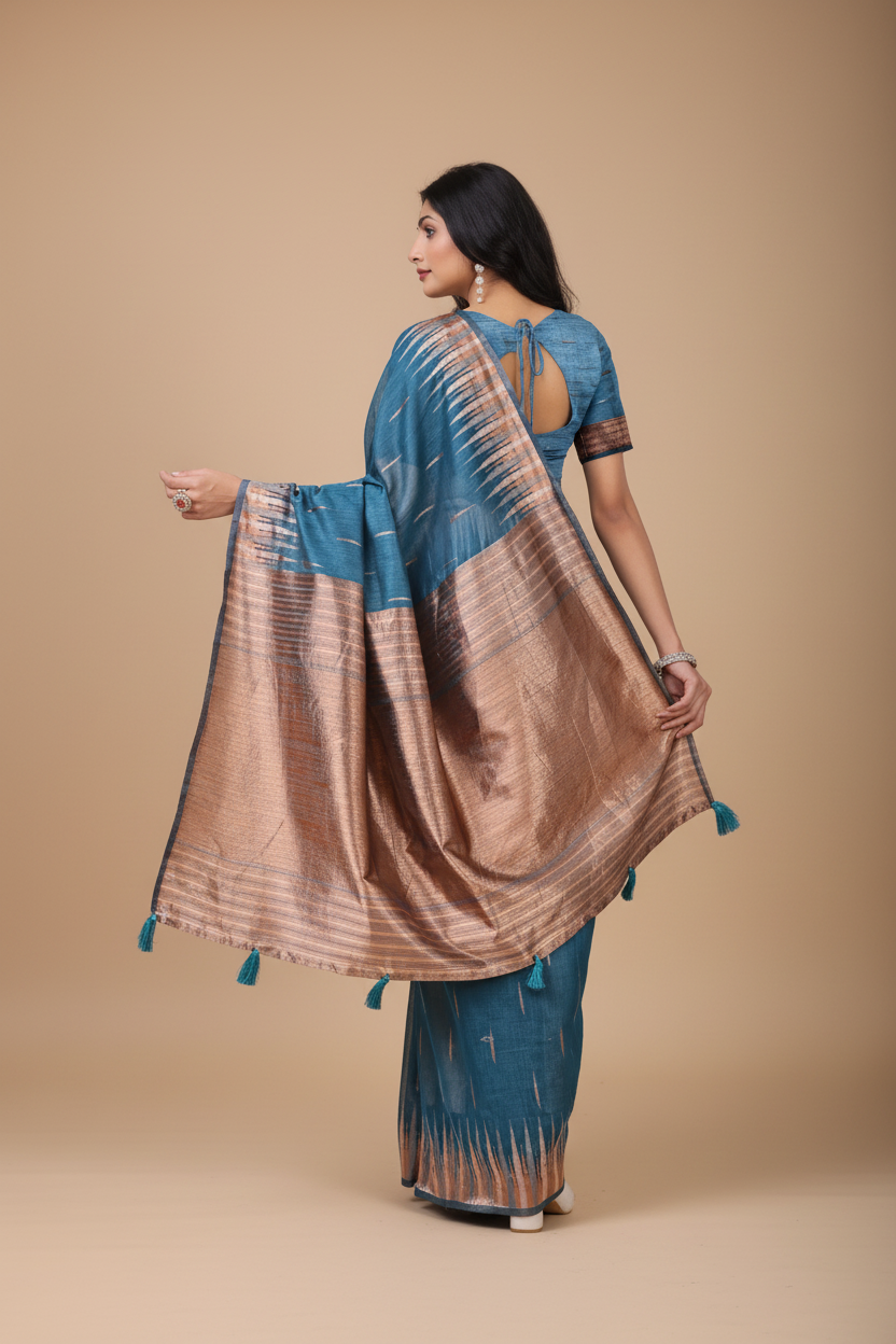 Snuggle Spot Women's Linen Cotton Printed Saree With Unstitched Blouse 5.5Mtr (Blue)