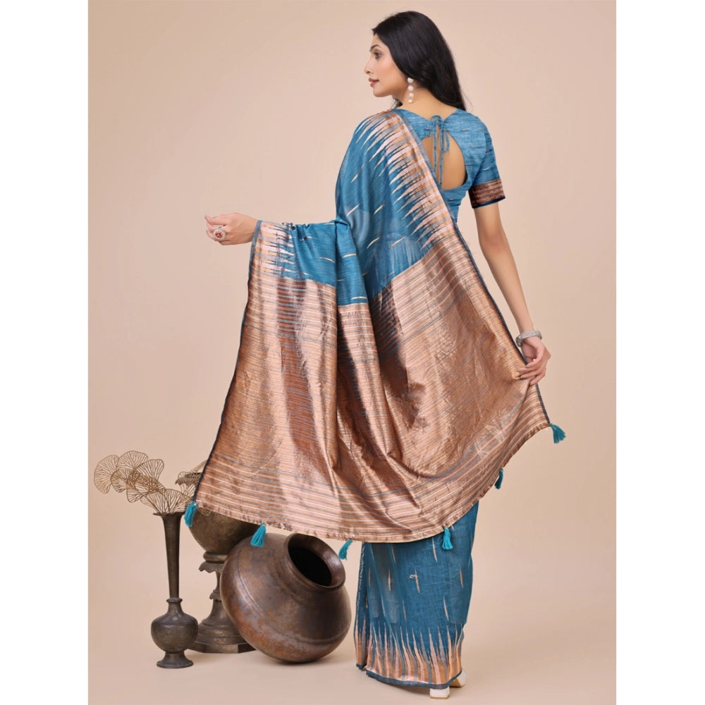 Snuggle Spot Women's Linen Cotton Printed Saree With Unstitched Blouse 5.5Mtr (Blue)