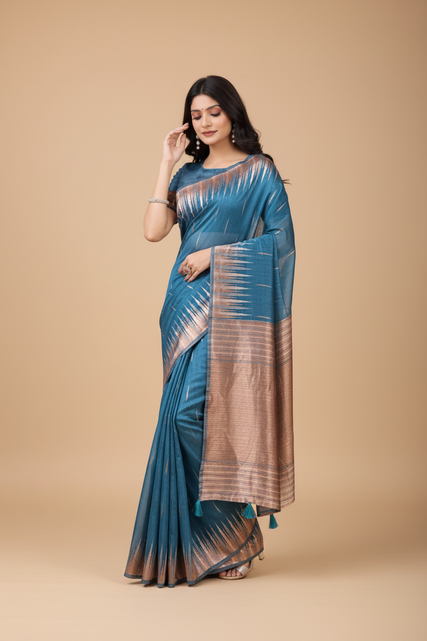 Snuggle Spot Women's Linen Cotton Printed Saree With Unstitched Blouse 5.5Mtr (Blue)