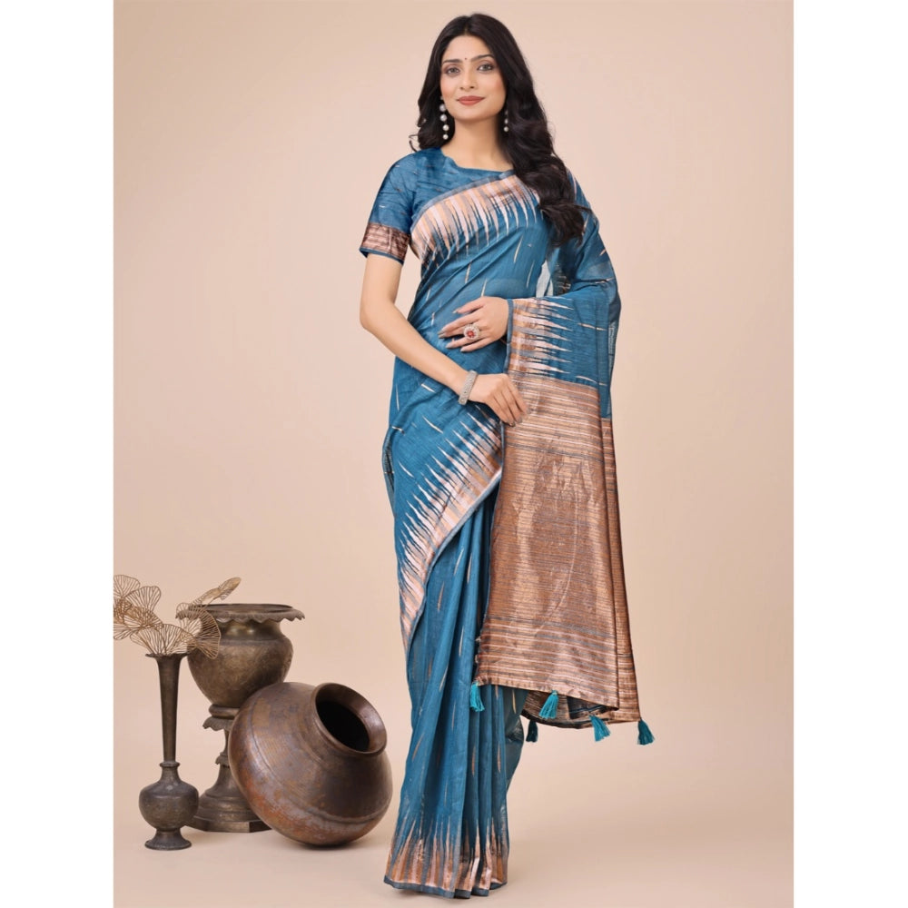 Snuggle Spot Women's Linen Cotton Printed Saree With Unstitched Blouse 5.5Mtr (Blue)