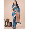Snuggle Spot Women's Linen Cotton Printed Saree With Unstitched Blouse 5.5Mtr (Blue)