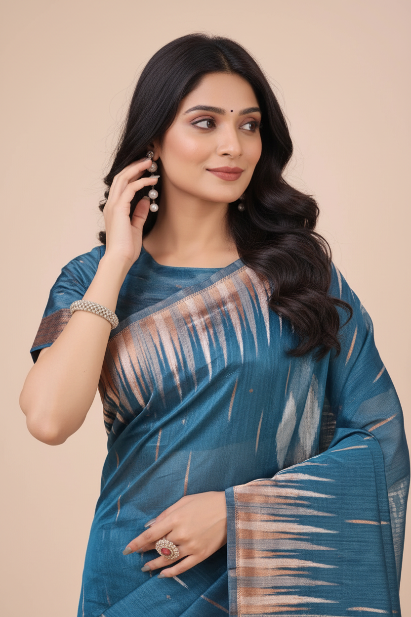 Snuggle Spot Women's Linen Cotton Printed Saree With Unstitched Blouse 5.5Mtr (Blue)