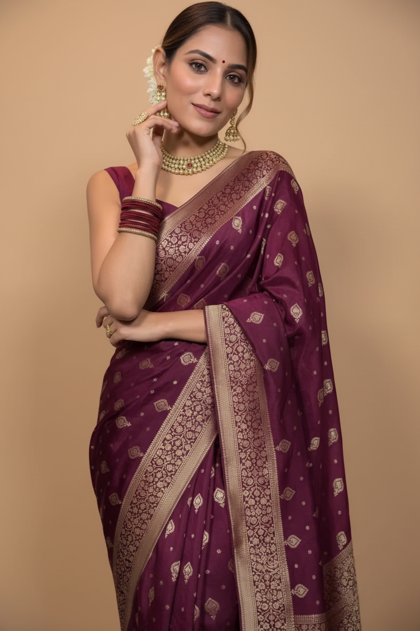 Snuggle Spot Women's Silk Printed Saree With Unstitched Blouse 5.5Mtr (Wine)