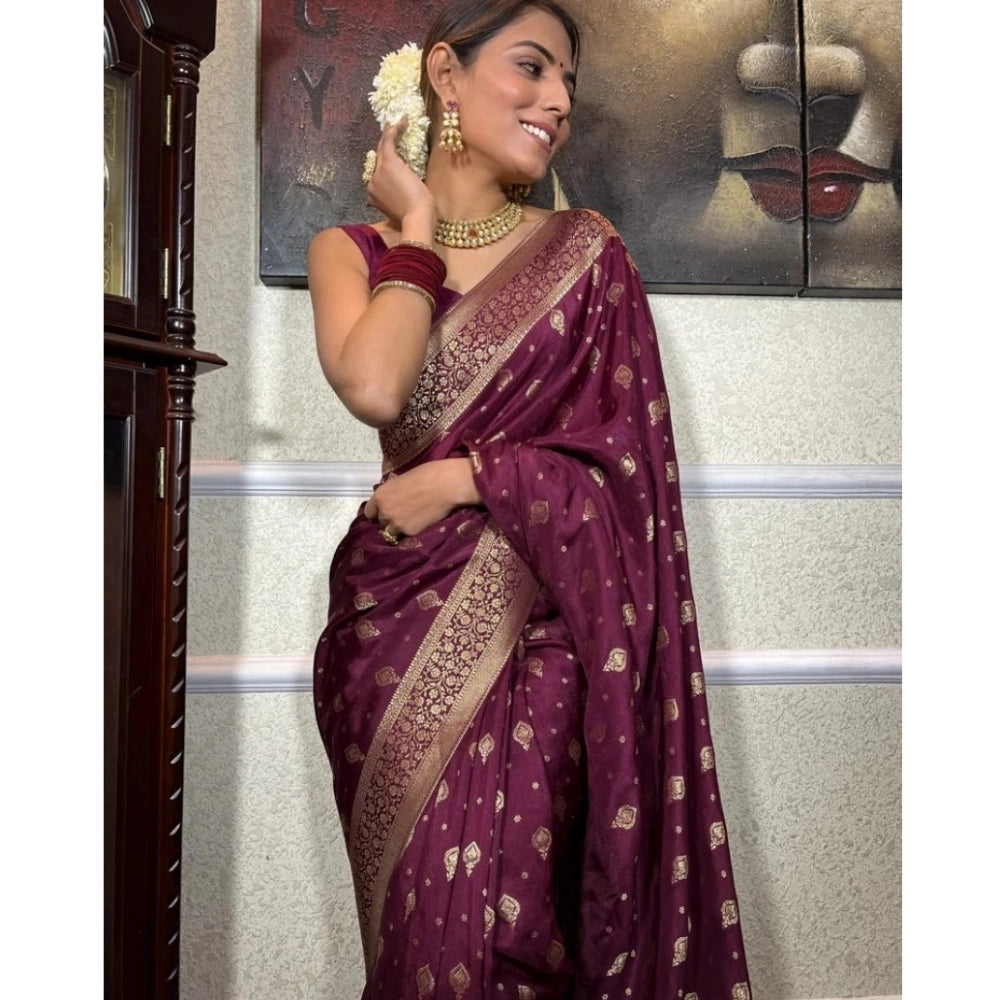 Snuggle Spot Women's Silk Printed Saree With Unstitched Blouse 5.5Mtr (Wine)
