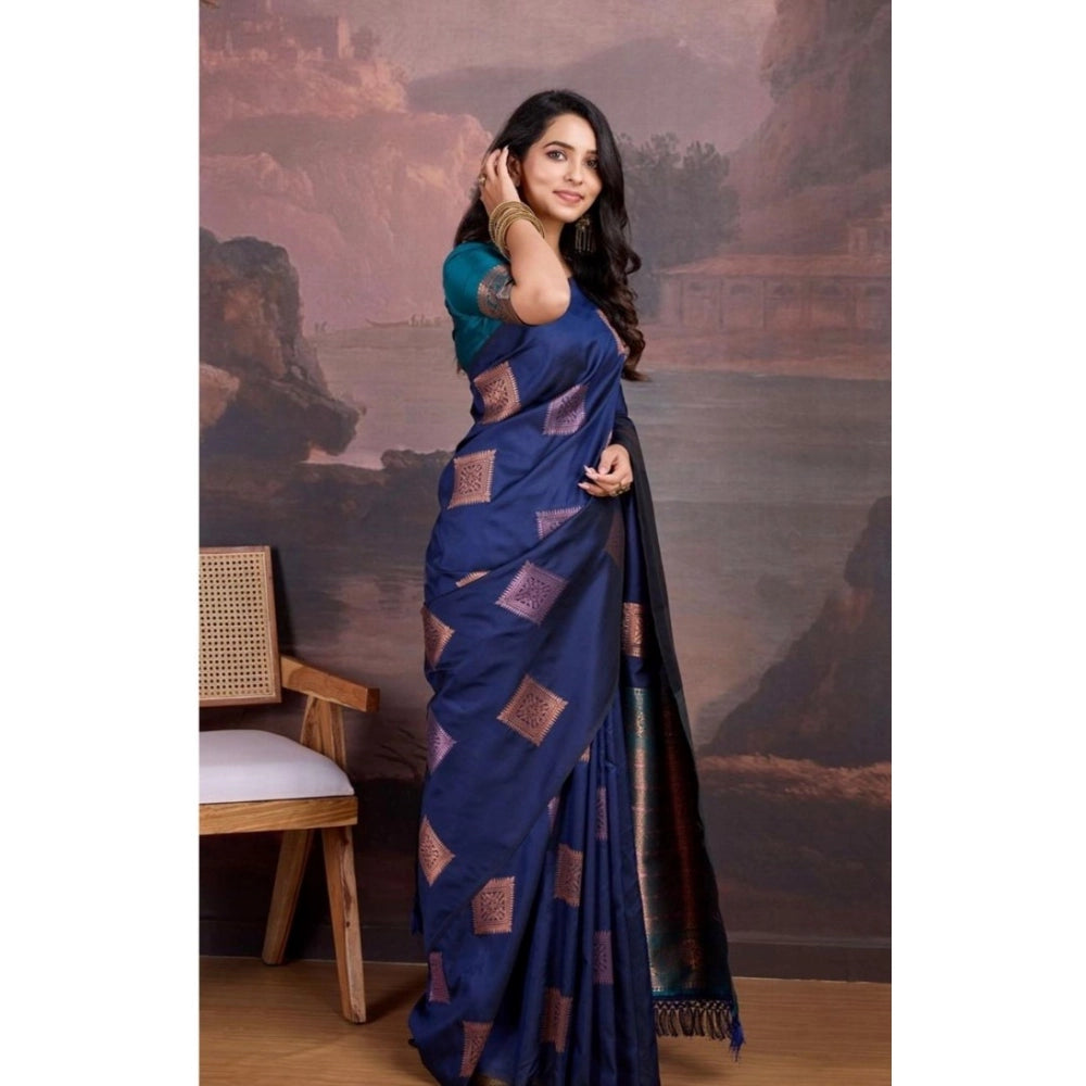 Snuggle Spot Women's Silk Printed Saree With Unstitched Blouse 5.5Mtr (Navy Blue)