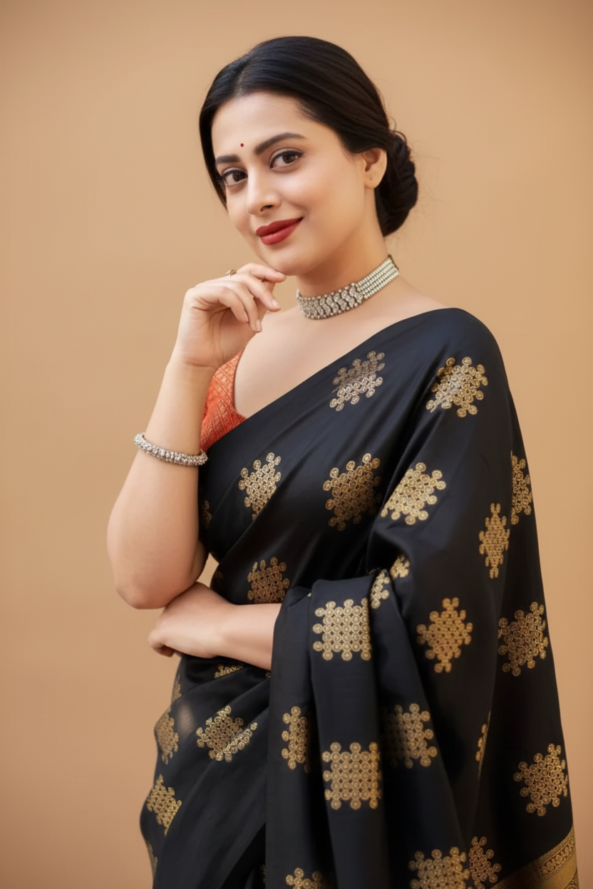 Snuggle Spot Women's Silk Printed Saree With Unstitched Blouse 5.5Mtr (Blacl-Orange)