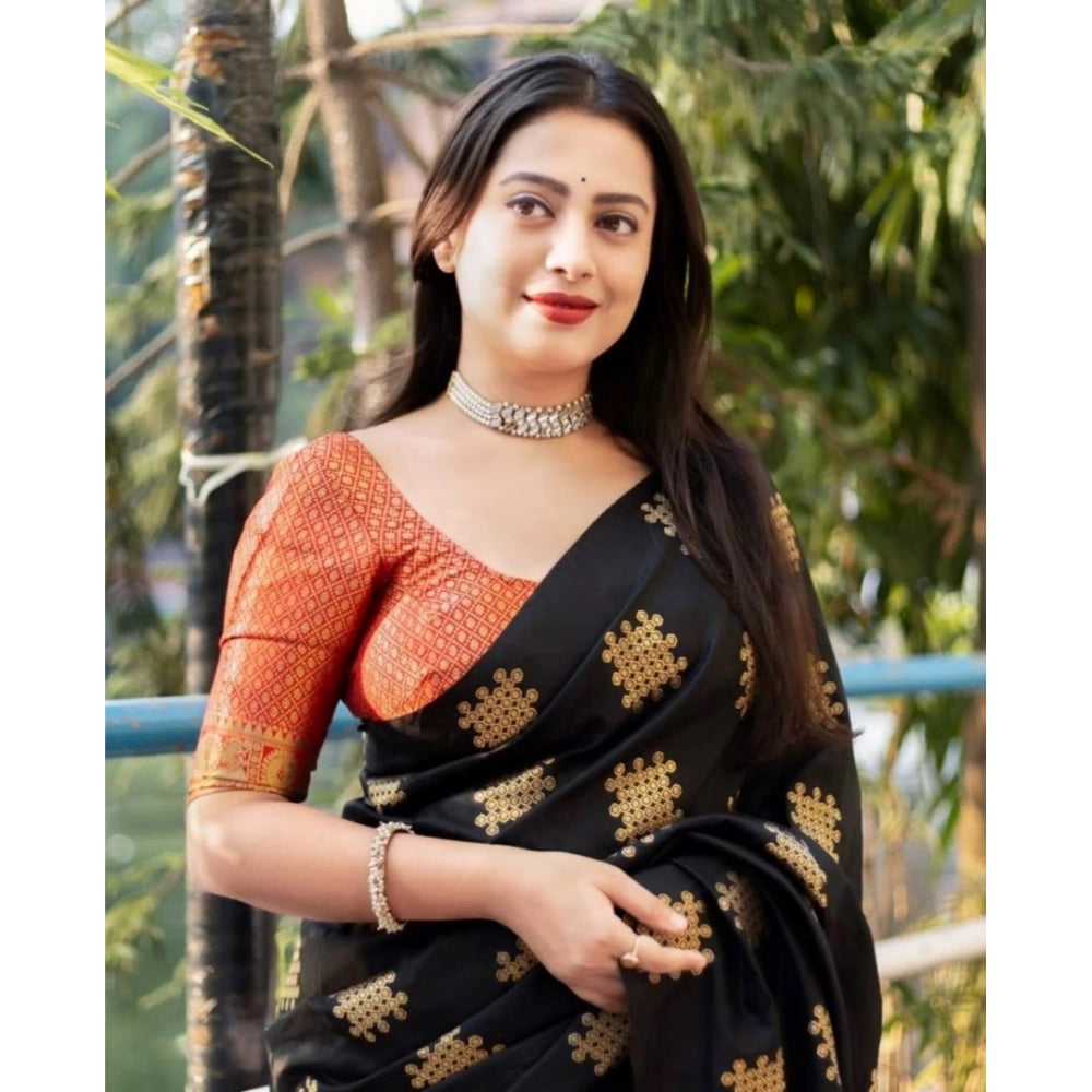 Snuggle Spot Women's Silk Printed Saree With Unstitched Blouse 5.5Mtr (Blacl-Orange)
