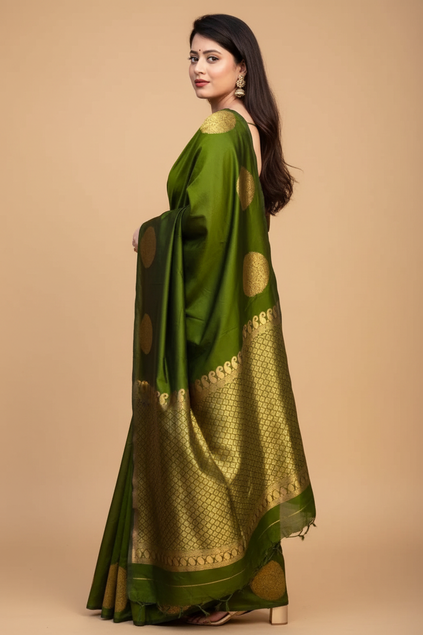 Snuggle Spot Women's Silk Printed Saree With Unstitched Blouse 5.5Mtr (Green)