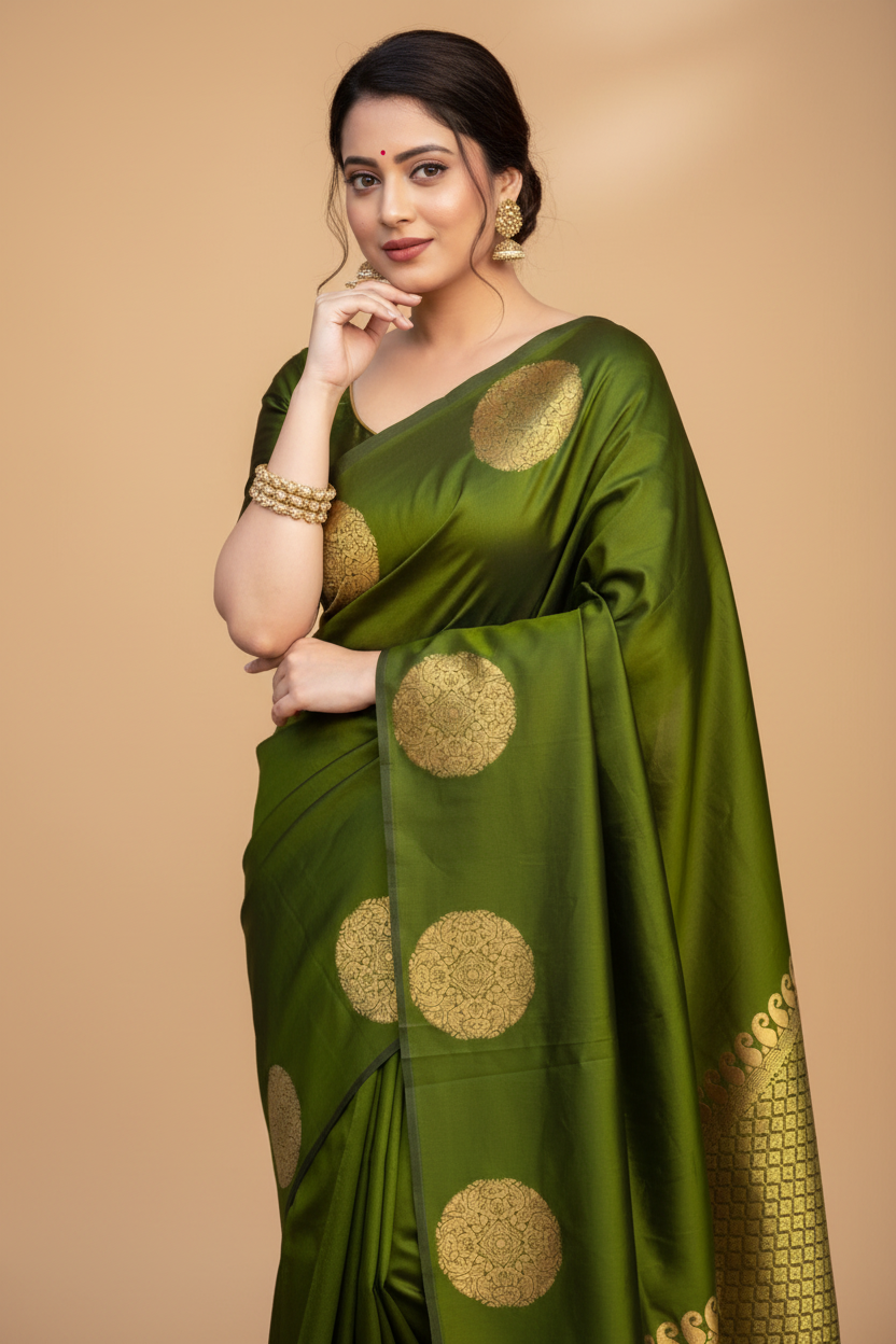 Snuggle Spot Women's Silk Printed Saree With Unstitched Blouse 5.5Mtr (Green)