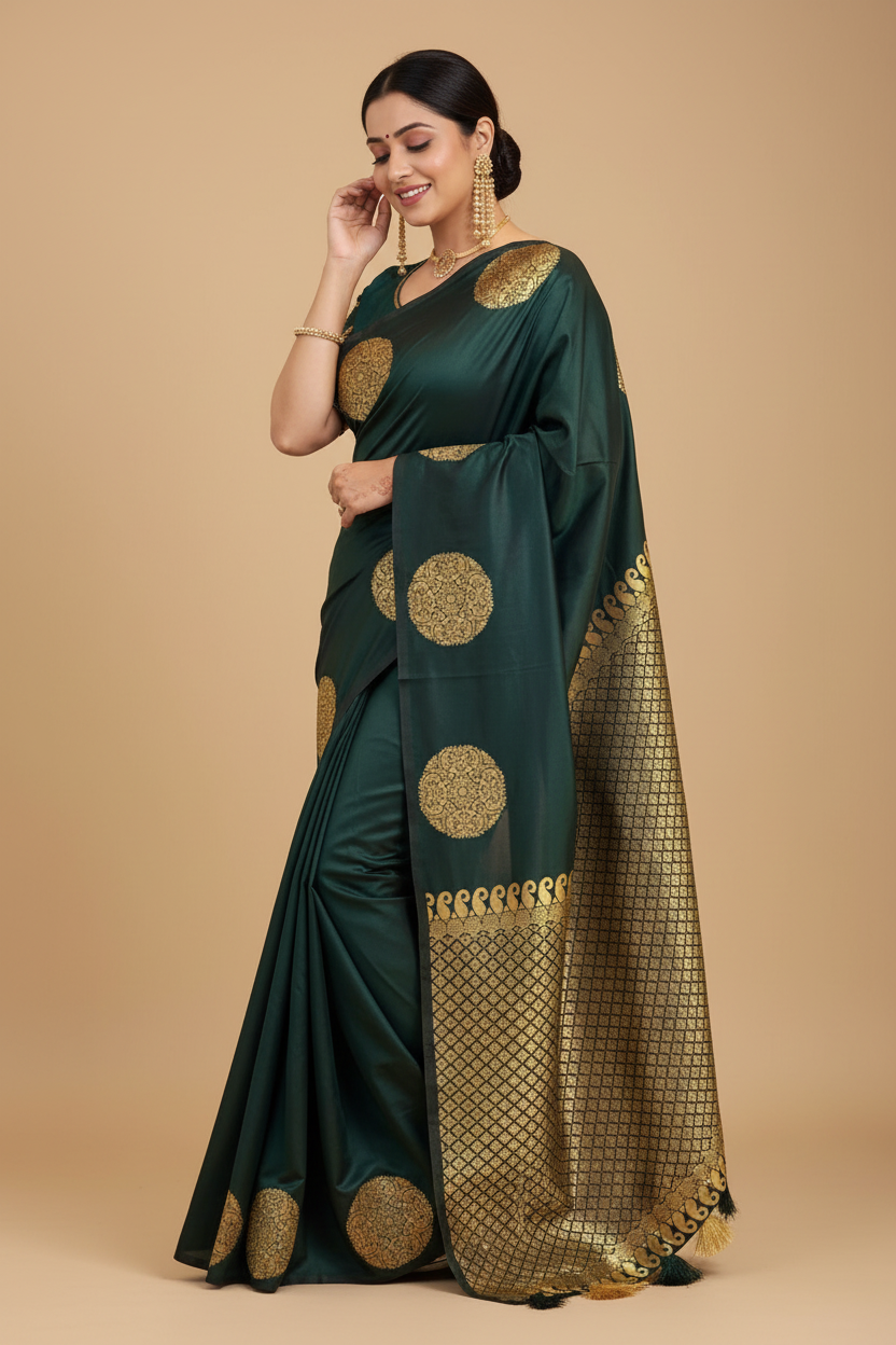 Snuggle Spot Women's Silk Printed Saree With Unstitched Blouse 5.5Mtr (Green)