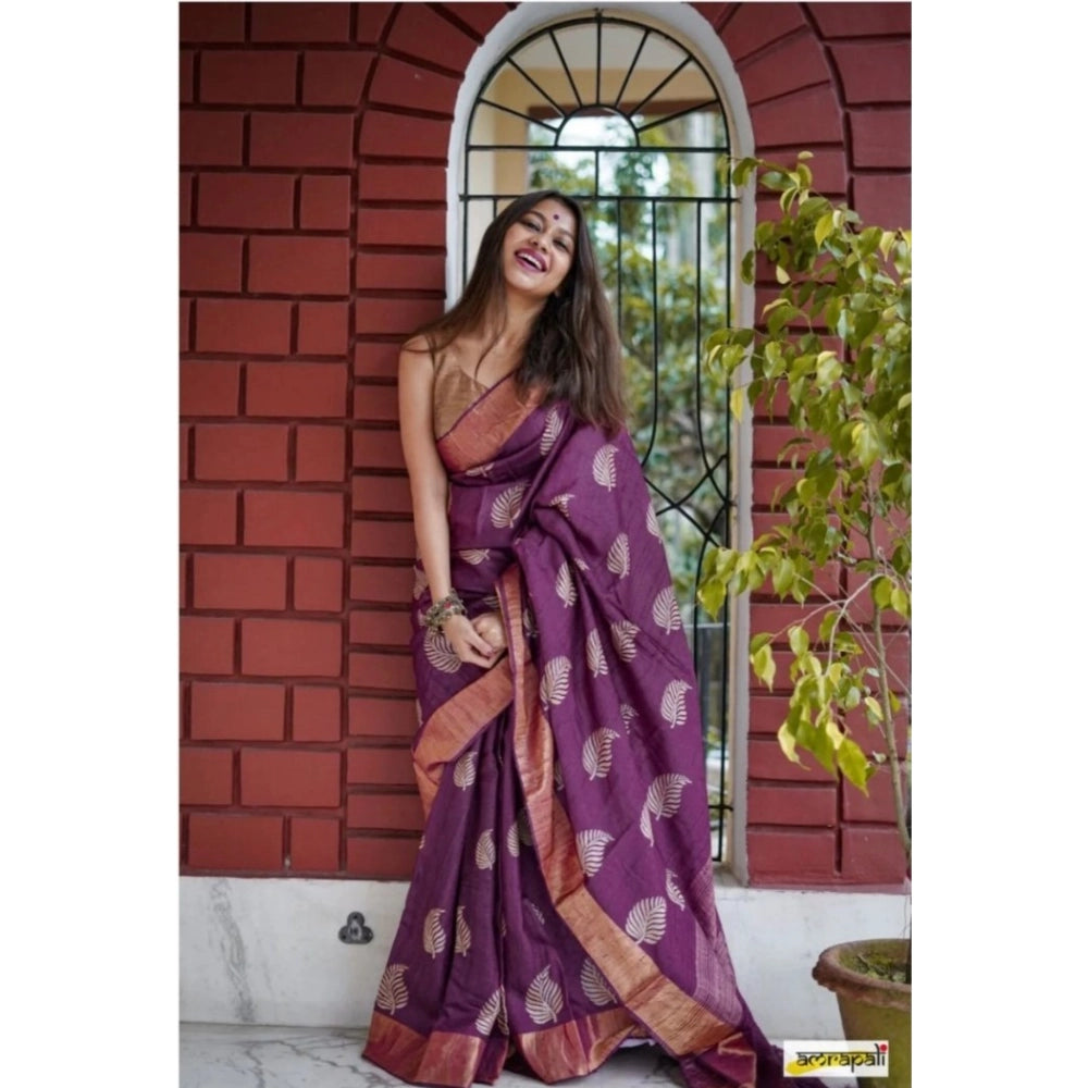 Snuggle Spot Women's Silk Printed Saree With Unstitched Blouse 5.5Mtr (Purple)