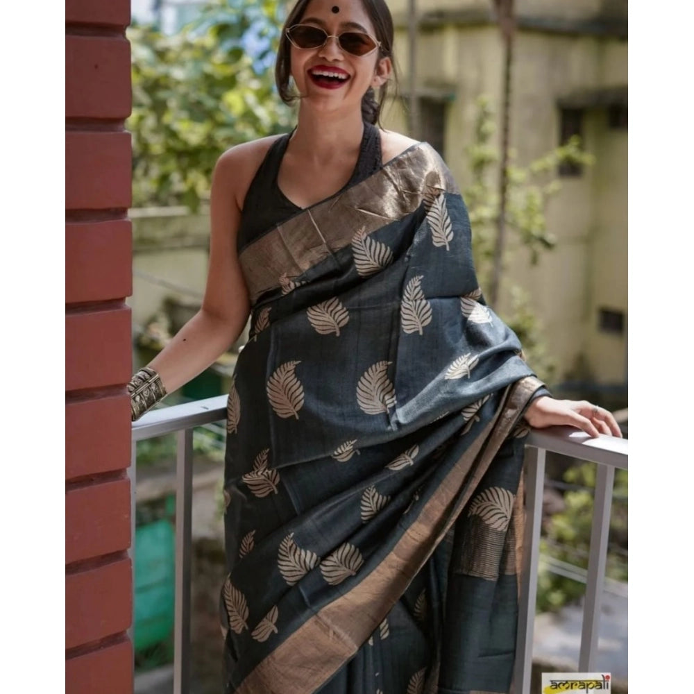 Snuggle Spot Women's Silk Printed Saree With Unstitched Blouse 5.5Mtr (Black)