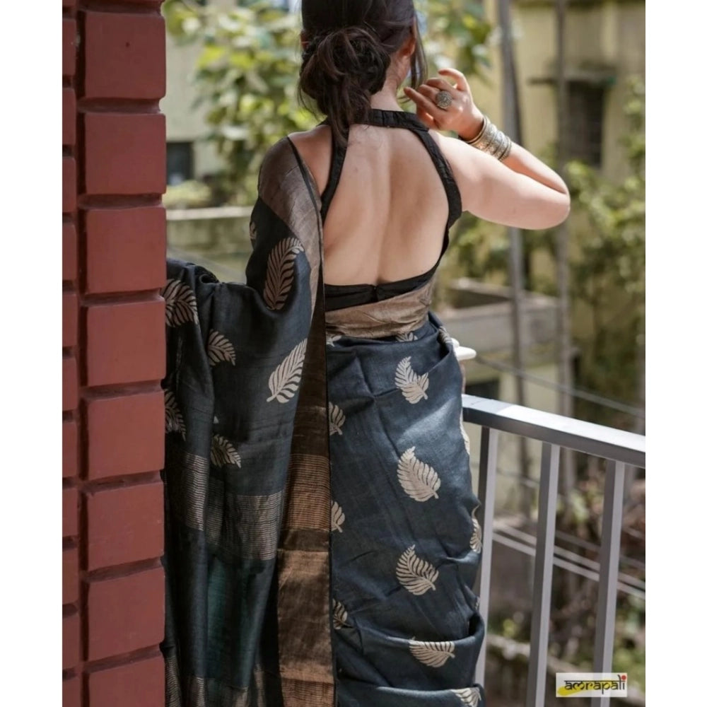 Snuggle Spot Women's Silk Printed Saree With Unstitched Blouse 5.5Mtr (Black)