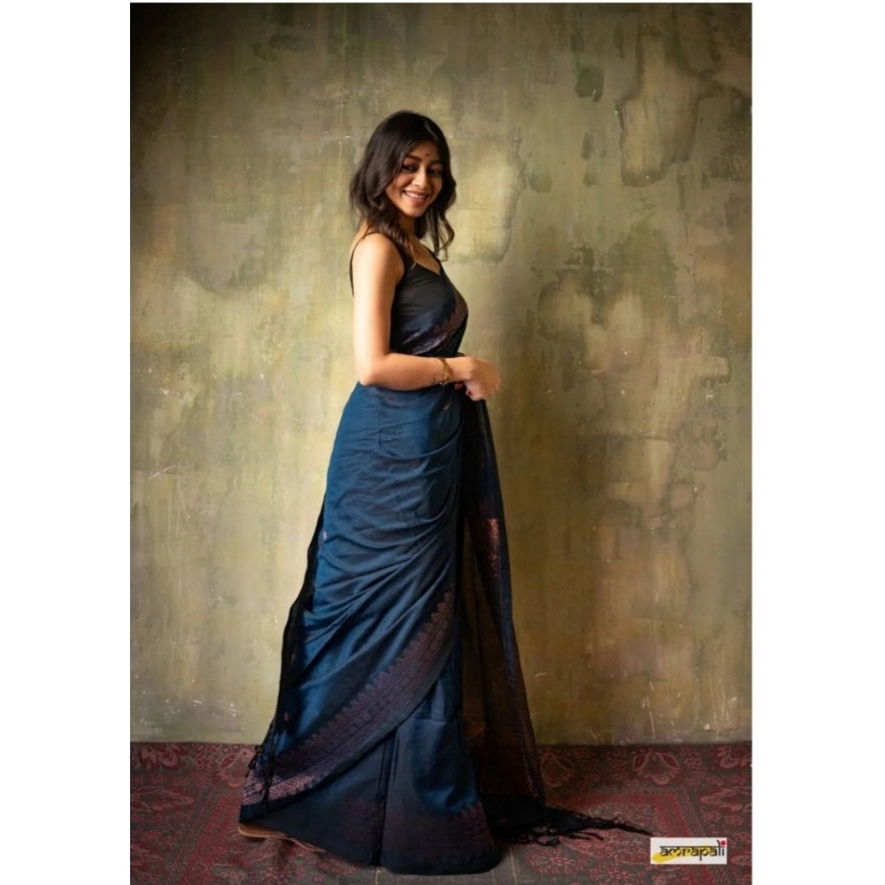 Snuggle Spot Women's Silk Printed Saree With Unstitched Blouse 5.5Mtr (Navy Blue)
