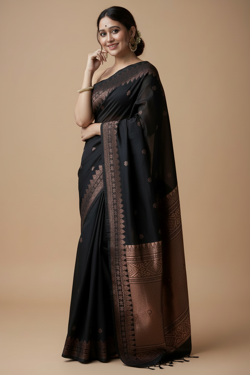 Snuggle Spot Women's Silk Printed Saree With Unstitched Blouse 5.5Mtr (Black)