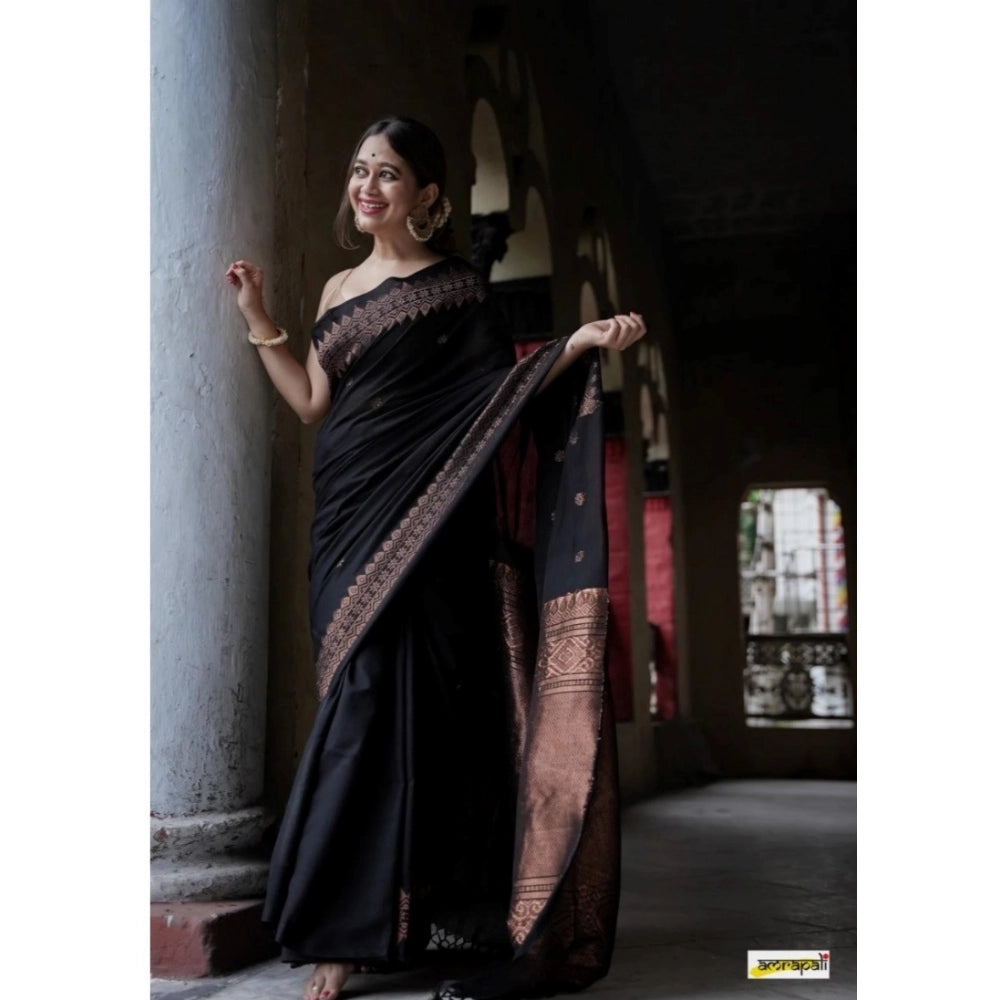 Snuggle Spot Women's Silk Printed Saree With Unstitched Blouse 5.5Mtr (Black)